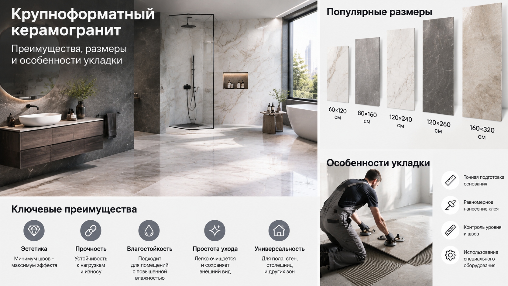 Крупноформатные плиты: преимущества, размеры и особенности профессиональной укладки
